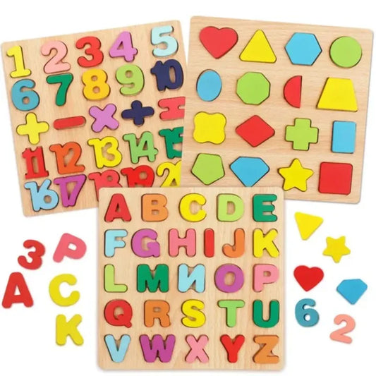 Wooden ABC, 123 Counting and Shapes Board For Kids - Toy - Baby Toys - Learning Toys For Kids